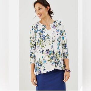 Womens J.Jill‎ Floral Pleated Back 3/4 Sleeve Cardigan Sweater